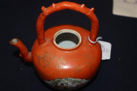 A Chinese coral ground famille rose teapot, late 19th century, H. 13cm